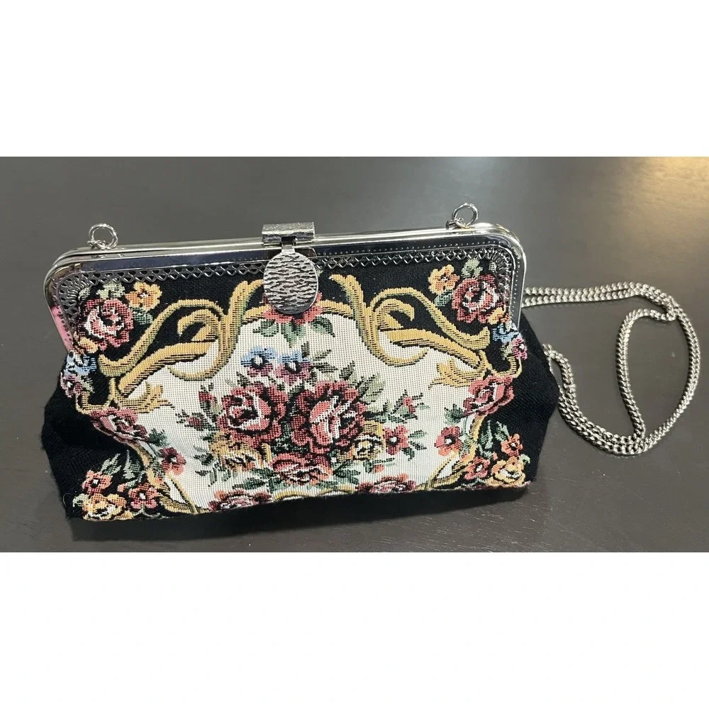 Vtg Floral Tapestry Clutch Purse Metal Chain Strap Black Floral Mad In Hong Kong